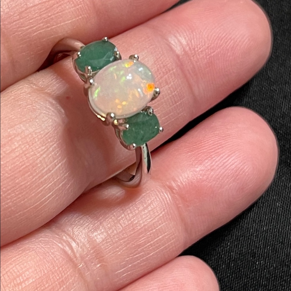 NWT Natural Opal & Natural Emerald Ring 925 Sterling Silver Size 10 - Picture 10 of 14